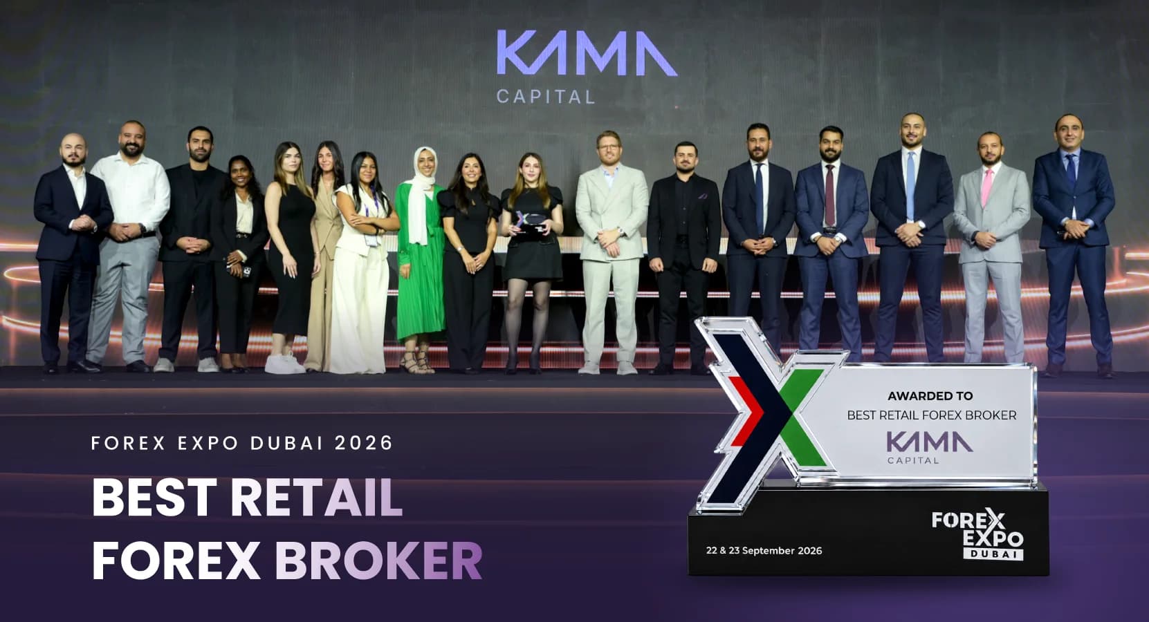 Kama Capital team with the Best Retail Forex Broker award, Forex Expo Dubai 2026