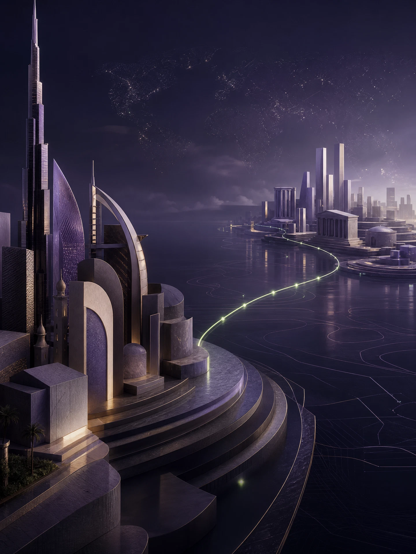 Abstract financial landscape connecting UAE and global stock markets